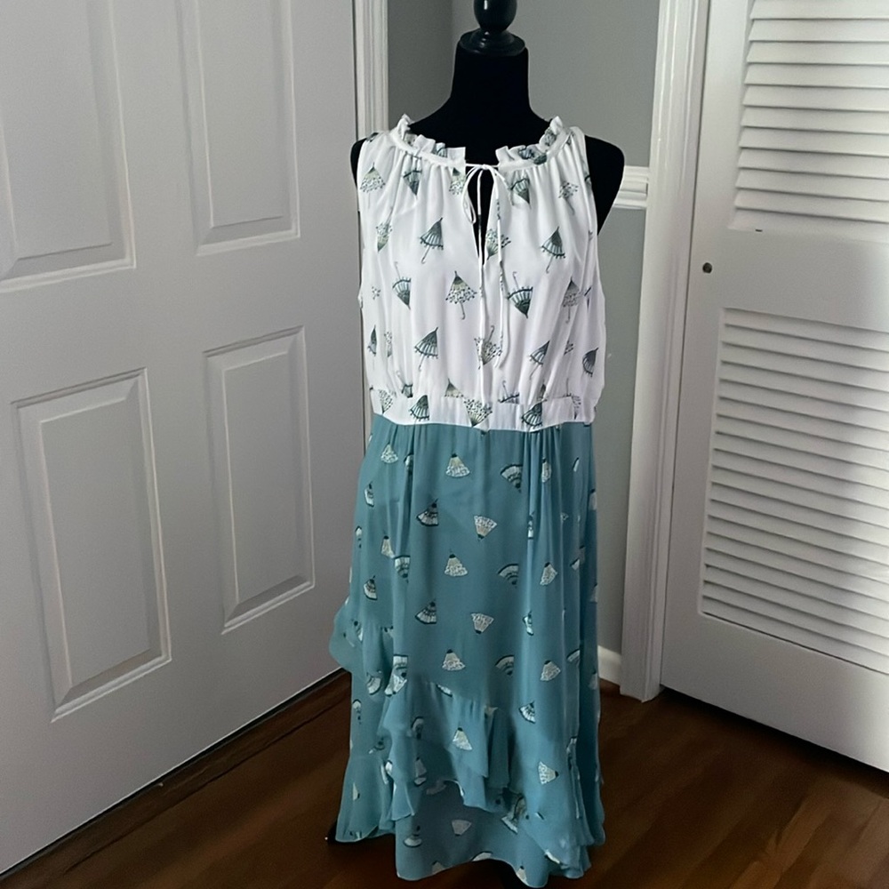 Eva Mendes Women Size 16 Sleeveless White Green Umbrella Dress